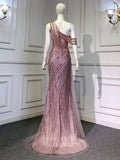 Prom Dress 2025 Beaded One Shoulder Prom Dresses with Slit Overskirt Sheath Evening Dress 22108-unique elegant Prom Dresses-Pink-US2-vigocouture