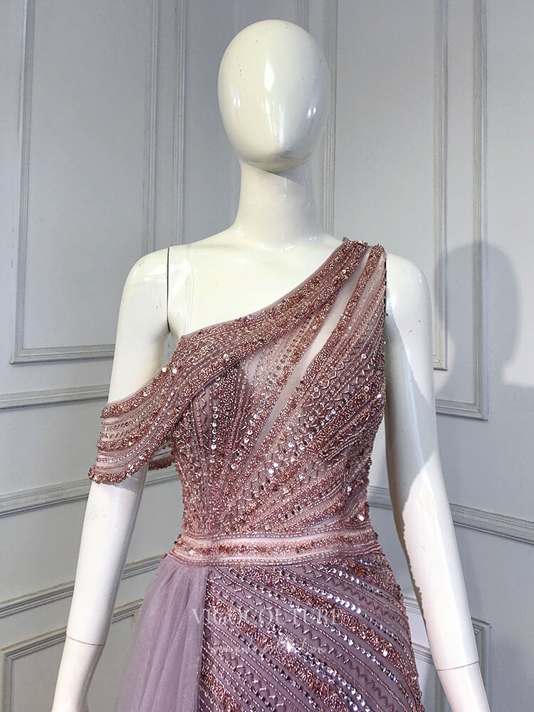 Beaded One Shoulder Prom Dresses with Slit Overskirt Sheath Evening Dr vigocouture Beaded One Shoulder Prom Dresses with Slit Overskirt Sheath Evening Dr vigocouture