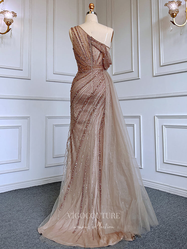 Prom Dress 2025 Beaded One Shoulder Prom Dresses with Slit Overskirt Sheath Evening Dress 22108-unique elegant Prom Dresses-Pink-US2-vigocouture