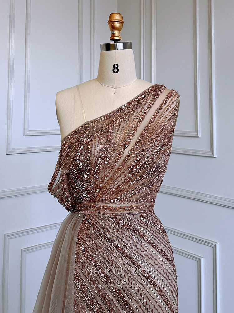 Beaded One Shoulder Prom Dresses with Slit Overskirt Sheath Evening Dr vigocouture Beaded One Shoulder Prom Dresses with Slit Overskirt Sheath Evening Dr vigocouture