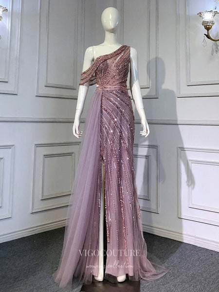 Beaded One Shoulder Prom Dresses with Slit Overskirt Sheath Evening Dr vigocouture Beaded One Shoulder Prom Dresses with Slit Overskirt Sheath Evening Dr vigocouture