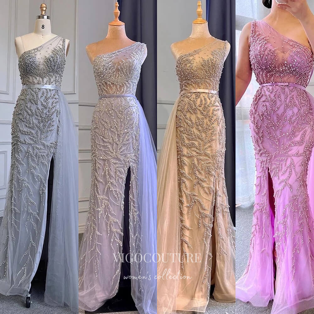 Prom Dress 2025 Beaded One Shoulder Prom Dresses with Slit Removable Skirt Evening Dresses 22081-unique elegant Prom Dresses-Green-US2-vigocouture