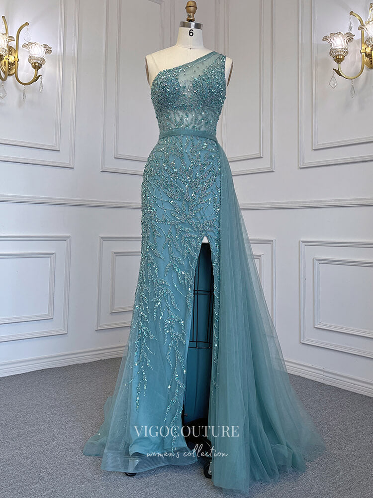 Prom Dress 2025 Beaded One Shoulder Prom Dresses with Slit Removable Skirt Evening Dresses 22081-unique elegant Prom Dresses-Green-US2-vigocouture