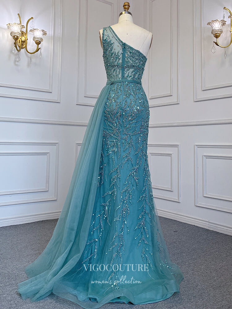 Prom Dress 2025 Beaded One Shoulder Prom Dresses with Slit Removable Skirt Evening Dresses 22081-unique elegant Prom Dresses-Green-US2-vigocouture