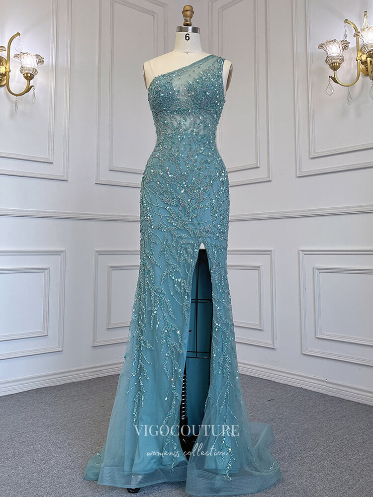 Prom Dress 2025 Beaded One Shoulder Prom Dresses with Slit Removable Skirt Evening Dresses 22081-unique elegant Prom Dresses-Green-US2-vigocouture