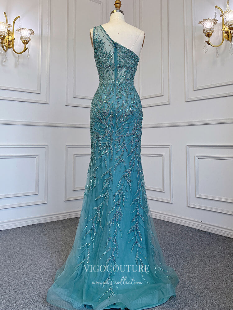 Prom Dress 2025 Beaded One Shoulder Prom Dresses with Slit Removable Skirt Evening Dresses 22081-unique elegant Prom Dresses-Green-US2-vigocouture