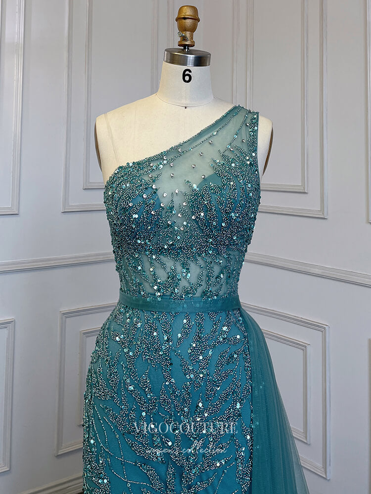 teal one shoulder prom dress One-Shoulder Primavera Beaded Long Prom Dress 4135 Teal / 000