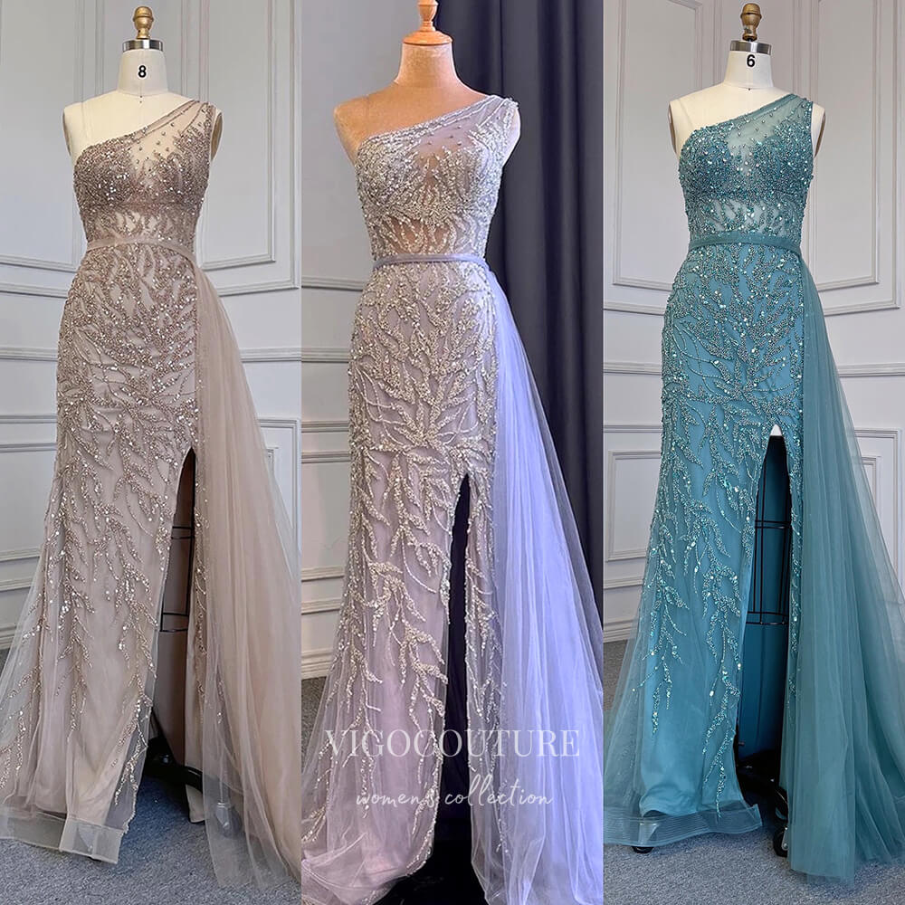 Prom Dress 2025 Beaded One Shoulder Prom Dresses with Slit Removable Skirt Evening Dresses 22081-unique elegant Prom Dresses-Green-US2-vigocouture