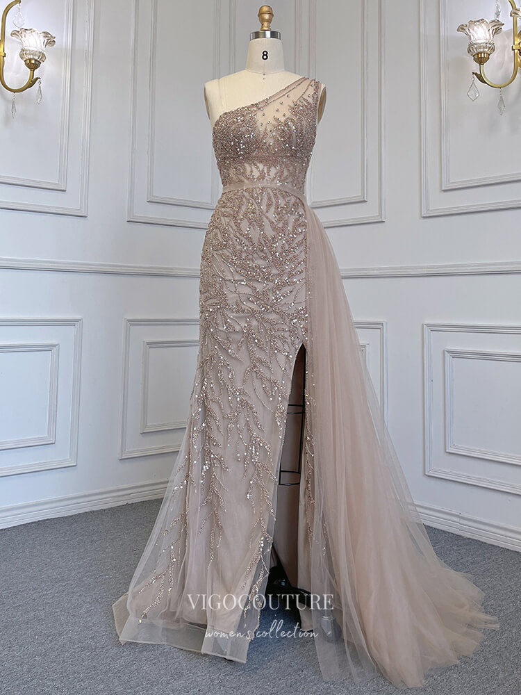 Prom Dress 2025 Beaded One Shoulder Prom Dresses with Slit Removable Skirt Evening Dresses 22081-unique elegant Prom Dresses-Mocha-US2-vigocouture