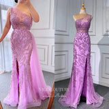 Prom Dress 2025 Beaded One Shoulder Prom Dresses with Slit Removable Skirt Evening Dresses 22081-unique elegant Prom Dresses-Pink-US2-vigocouture