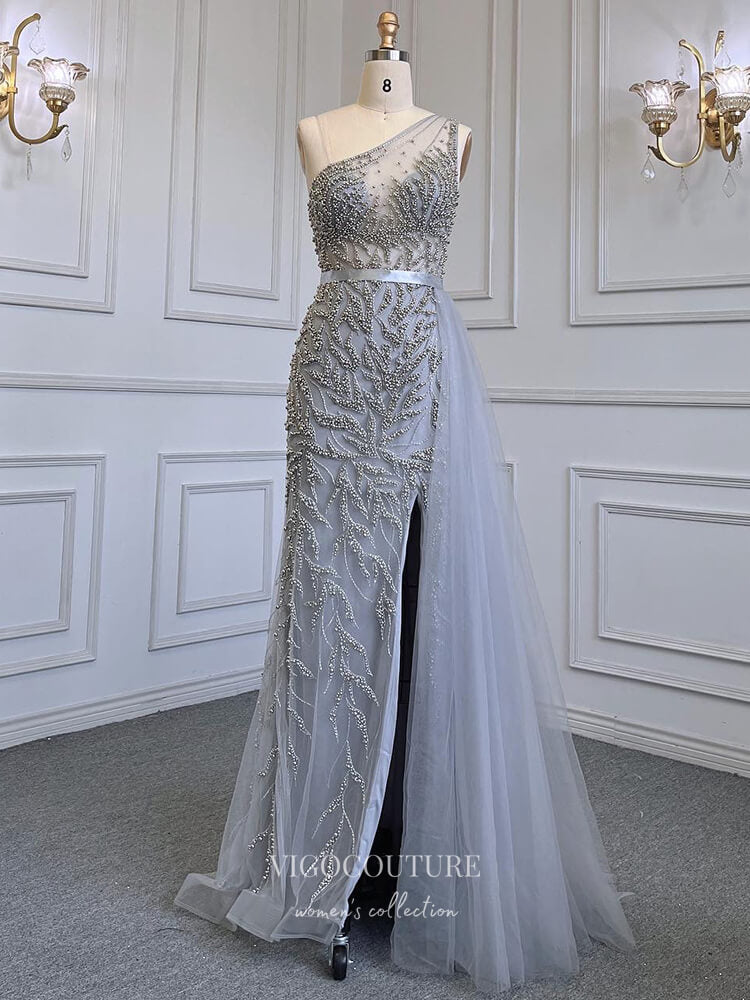 Prom Dress 2025 Beaded One Shoulder Prom Dresses with Slit Removable Skirt Evening Dresses 22081-unique elegant Prom Dresses-Silver-US2-vigocouture