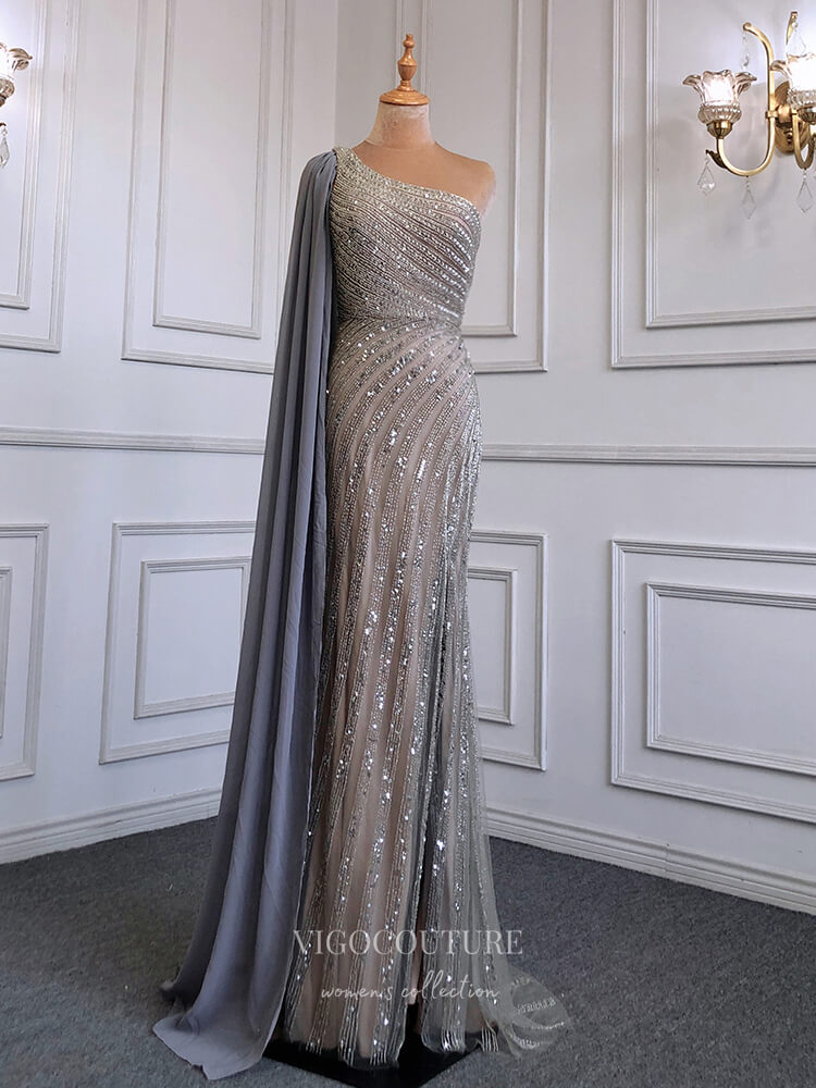 Prom Dress 2025 Beaded One Shoulder Prom Dresses with Slit Watteau Train Evening Dress 22114-unique elegant Prom Dresses-Grey-US2-vigocouture