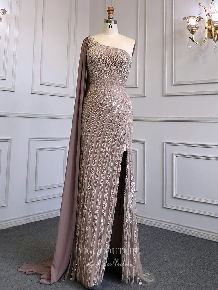 Prom Dress 2025 Beaded One Shoulder Prom Dresses with Slit Watteau Train Evening Dress 22114-unique elegant Prom Dresses-Khaki-US2-vigocouture