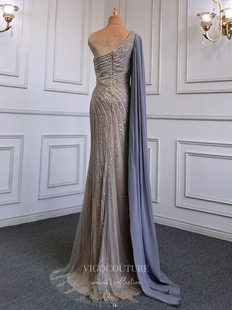 Prom Dress 2025 Beaded One Shoulder Prom Dresses with Slit Watteau Train Evening Dress 22114-unique elegant Prom Dresses-Pink-US2-vigocouture