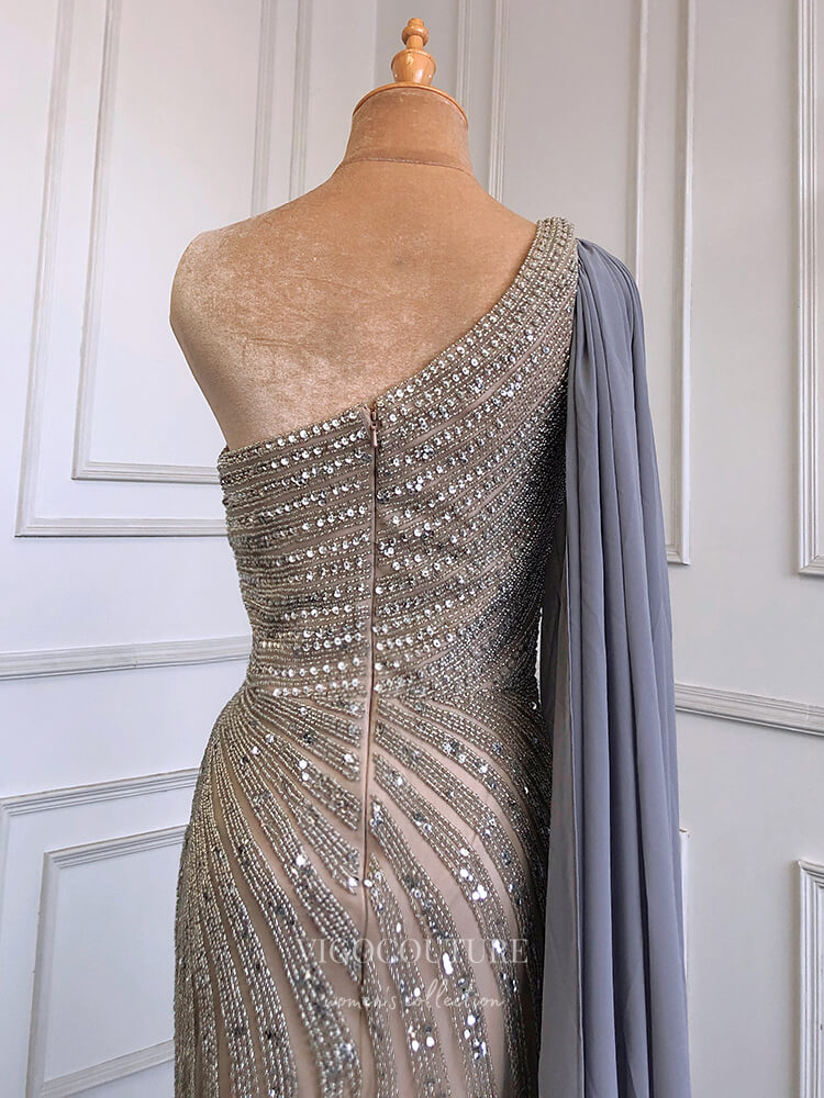 Beaded One Shoulder Prom Dresses with Slit Watteau Train Evening Dress vigocouture Beaded One Shoulder Prom Dresses with Slit Watteau Train Evening Dress vigocouture