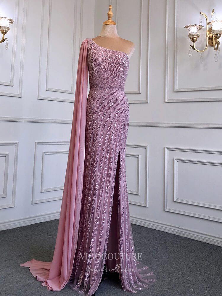 Beaded One Shoulder Prom Dresses with Slit Watteau Train Evening Dress vigocouture Beaded One Shoulder Prom Dresses with Slit Watteau Train Evening Dress vigocouture