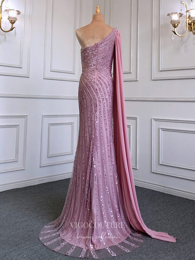 Prom Dress 2025 Beaded One Shoulder Prom Dresses with Slit Watteau Train Evening Dress 22114-unique elegant Prom Dresses-Pink-US2-vigocouture