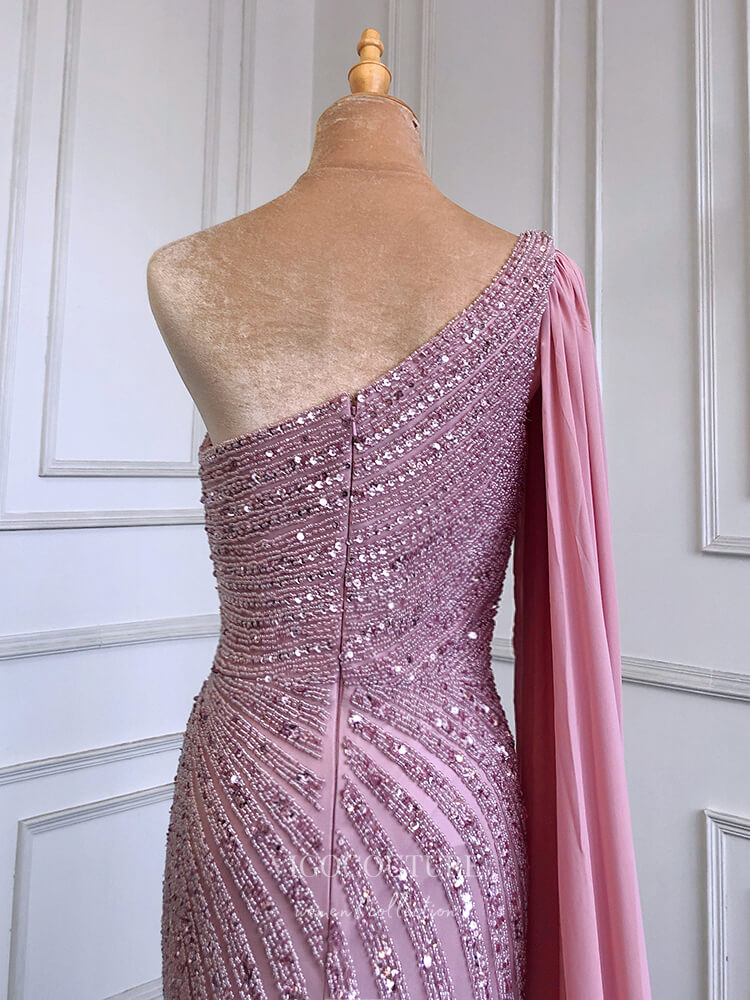 Beaded One Shoulder Prom Dresses with Slit Watteau Train Evening Dress 22114 - Pink / US12 Beaded One Shoulder Prom Dresses with Slit Watteau Train Evening Dress 22114 - Pink / US12