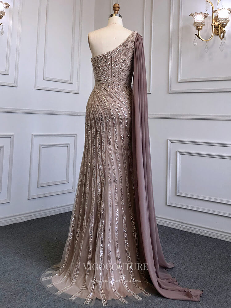 Prom Dress 2025 Beaded One Shoulder Prom Dresses with Slit Watteau Train Evening Dress 22114-unique elegant Prom Dresses-Pink-US2-vigocouture