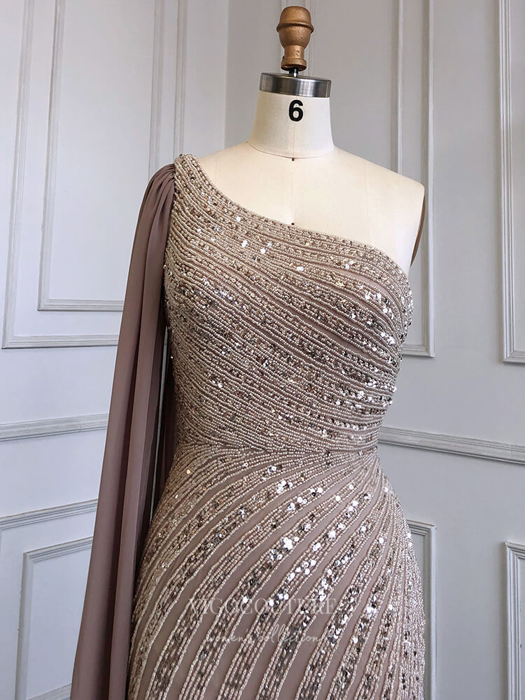 Prom Dress 2025 Beaded One Shoulder Prom Dresses with Slit Watteau Train Evening Dress 22114-unique elegant Prom Dresses-Pink-US2-vigocouture