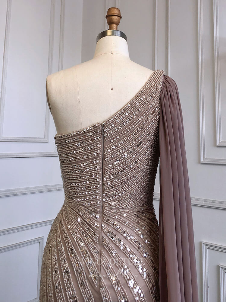 Prom Dress 2025 Beaded One Shoulder Prom Dresses with Slit Watteau Train Evening Dress 22114-unique elegant Prom Dresses-Pink-US2-vigocouture