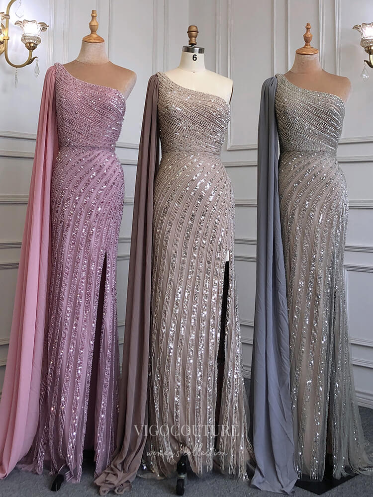 Prom Dress 2025 Beaded One Shoulder Prom Dresses with Slit Watteau Train Evening Dress 22114-unique elegant Prom Dresses-Pink-US2-vigocouture