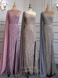 Beaded One Shoulder Prom Dresses with Slit Watteau Train Evening Dress 22114