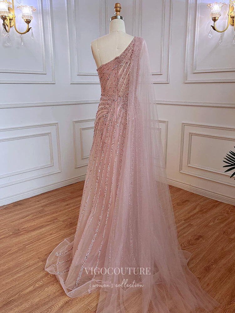 Prom Dress 2025 Beaded One Shoulder Prom Dresses with Slit Watteau Train Evening Gown 22109-unique elegant Prom Dresses-Pink-US2-vigocouture