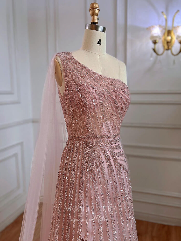 Prom Dress 2025 Beaded One Shoulder Prom Dresses with Slit Watteau Train Evening Gown 22109-unique elegant Prom Dresses-Pink-US2-vigocouture