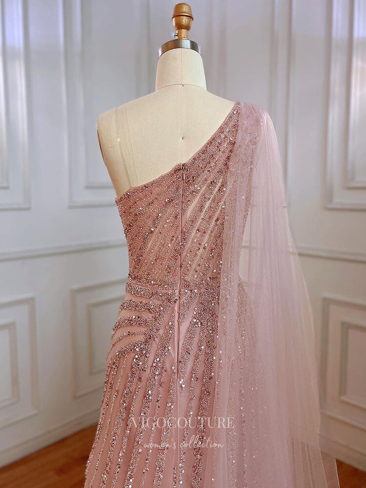 Prom Dress 2025 Beaded One Shoulder Prom Dresses with Slit Watteau Train Evening Gown 22109-unique elegant Prom Dresses-Pink-US2-vigocouture