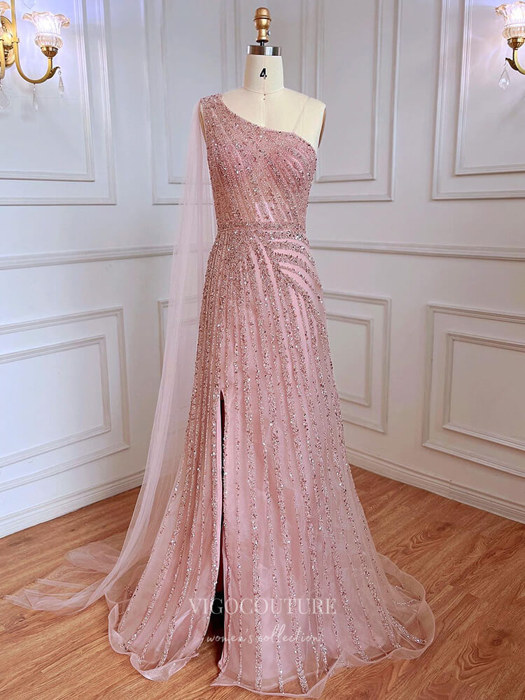 Prom Dress 2025 Beaded One Shoulder Prom Dresses with Slit Watteau Train Evening Gown 22109-unique elegant Prom Dresses-Pink-US2-vigocouture