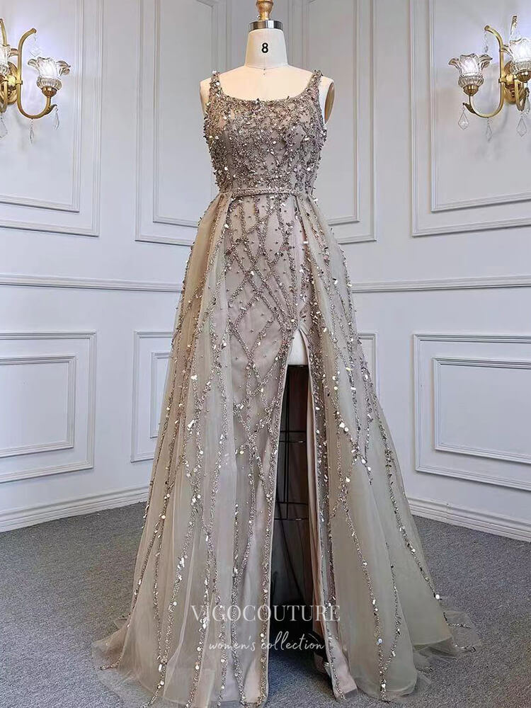 Prom Dress 2025 Beaded Overskirt Prom Dresses with Slit Sheath Evening Dress 22098-unique elegant Prom Dresses-Mocha-US2-vigocouture