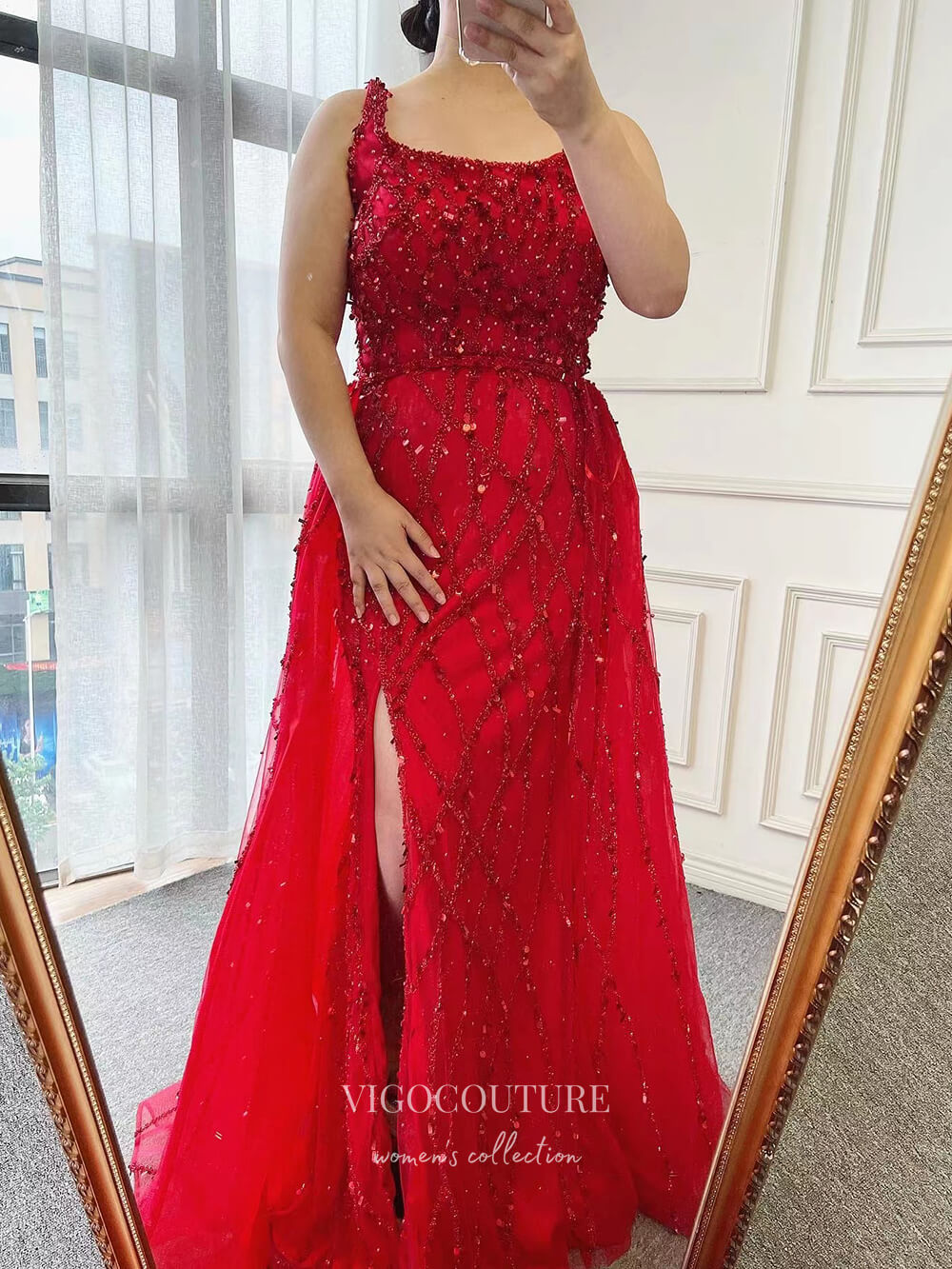 Prom Dress 2025 Beaded Overskirt Prom Dresses with Slit Sheath Evening Dress 22098-unique elegant Prom Dresses-Red-US2-vigocouture