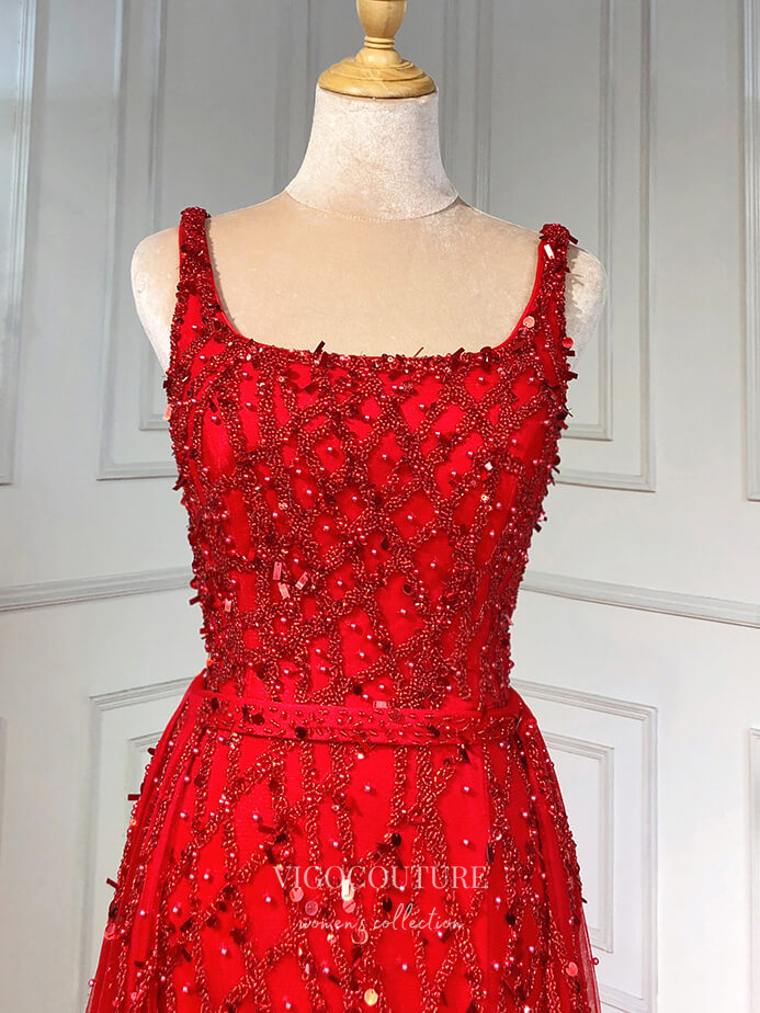 Prom Dress 2025 Beaded Overskirt Prom Dresses with Slit Sheath Evening Dress 22098-unique elegant Prom Dresses-Red-US2-vigocouture