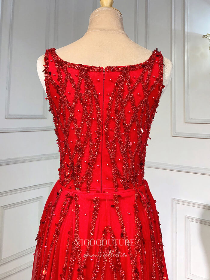 Prom Dress 2025 Beaded Overskirt Prom Dresses with Slit Sheath Evening Dress 22098-unique elegant Prom Dresses-Red-US2-vigocouture