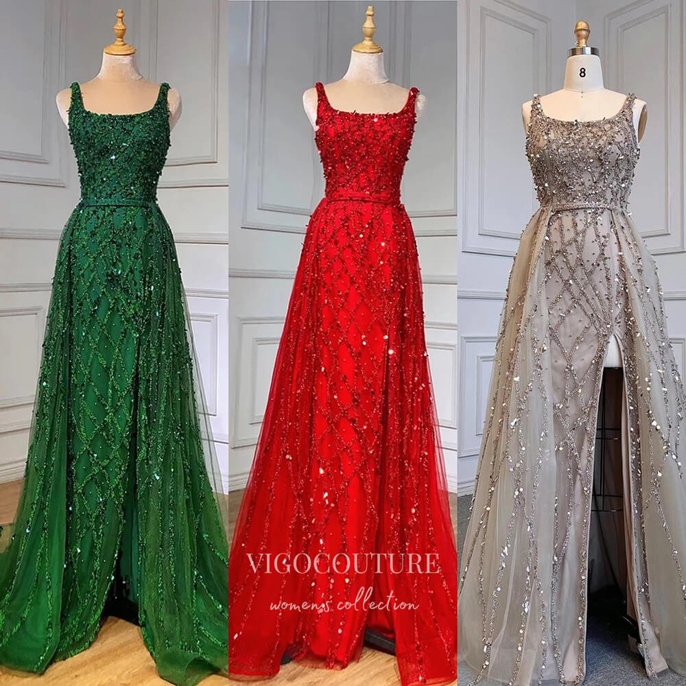 Prom Dress 2025 Beaded Overskirt Prom Dresses with Slit Sheath Evening Dress 22098-unique elegant Prom Dresses-Red-US2-vigocouture