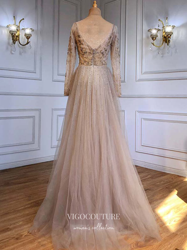 Prom Dress 2025 Beaded Plunging V-Neck Formal Dresses Long Sleeve Evening Dresses 21528-unique elegant Prom Dresses-Blush-US2-vigocouture