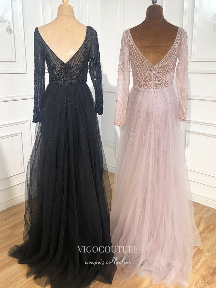 Prom Dress 2025 Beaded Plunging V-Neck Formal Dresses Long Sleeve Evening Dresses 21528-unique elegant Prom Dresses-Blush-US2-vigocouture