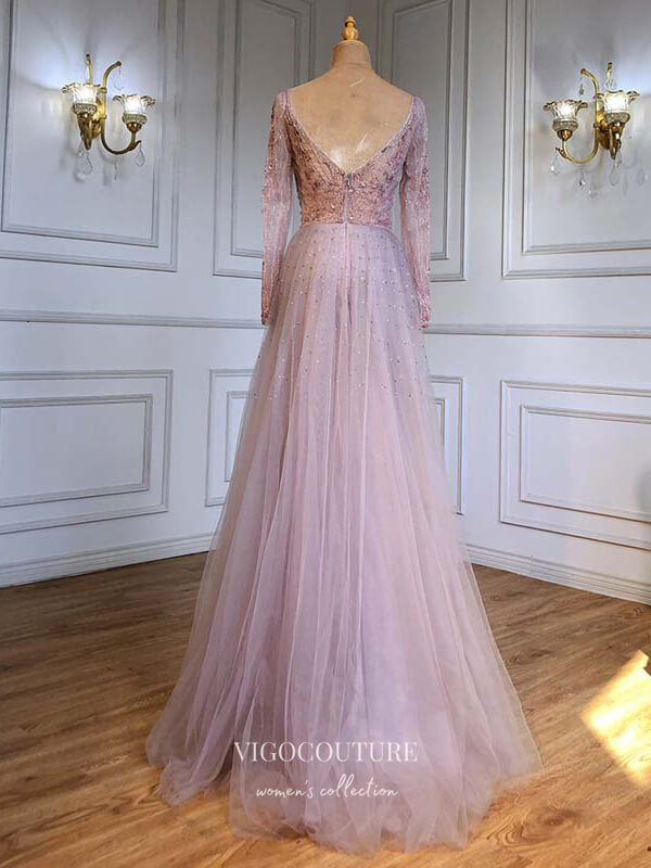 Prom Dress 2025 Beaded Plunging V-Neck Formal Dresses Long Sleeve Evening Dresses 21528-unique elegant Prom Dresses-Blush-US2-vigocouture