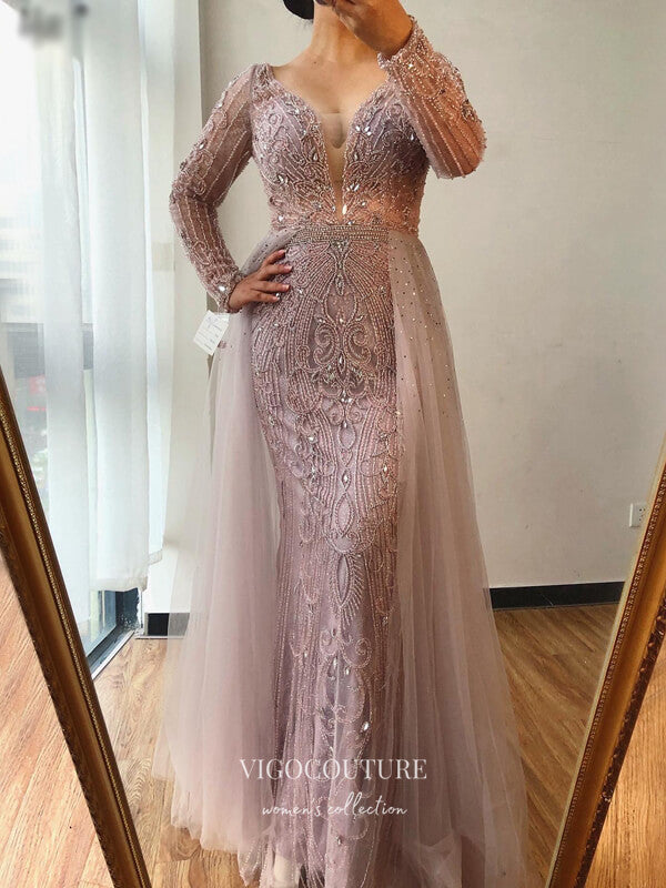 Prom Dress 2025 Beaded Plunging V-Neck Formal Dresses Long Sleeve Evening Dresses 21528-unique elegant Prom Dresses-Blush-US2-vigocouture