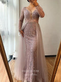 Prom Dress 2025 Beaded Plunging V-Neck Formal Dresses Long Sleeve Evening Dresses 21528-unique elegant Prom Dresses-Blush-US2-vigocouture