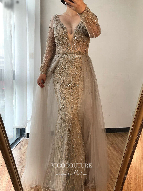 Prom Dress 2025 Beaded Plunging V-Neck Formal Dresses Long Sleeve Evening Dresses 21528-unique elegant Prom Dresses-Blush-US2-vigocouture