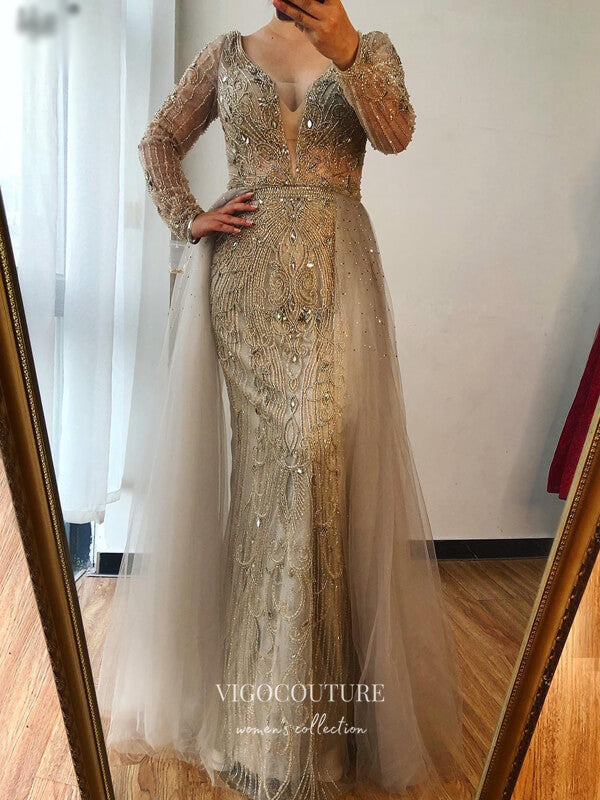 Prom Dress 2025 Beaded Plunging V-Neck Formal Dresses Long Sleeve Evening Dresses 21528-unique elegant Prom Dresses-Blush-US2-vigocouture