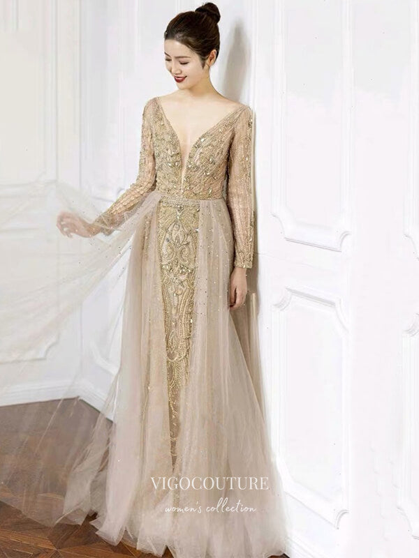 Prom Dress 2025 Beaded Plunging V-Neck Formal Dresses Long Sleeve Evening Dresses 21528-unique elegant Prom Dresses-Blush-US2-vigocouture