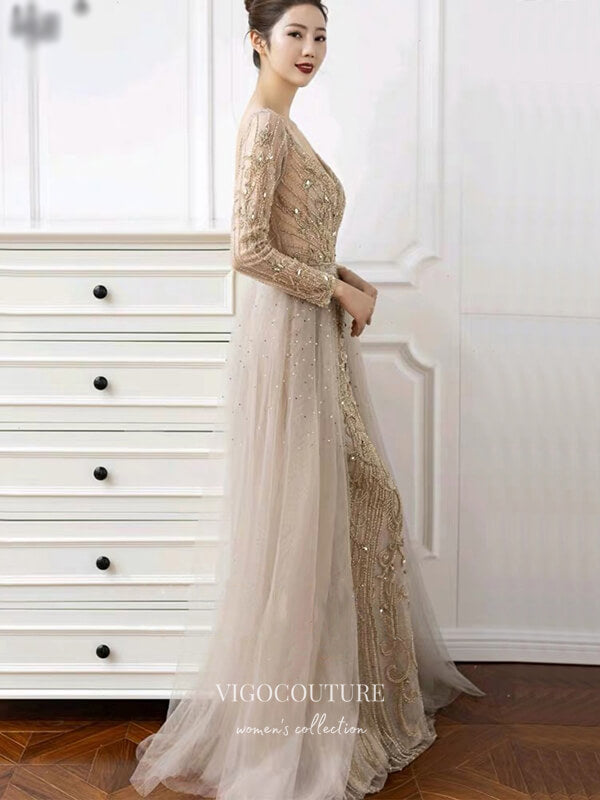 Prom Dress 2025 Beaded Plunging V-Neck Formal Dresses Long Sleeve Evening Dresses 21528-unique elegant Prom Dresses-Blush-US2-vigocouture