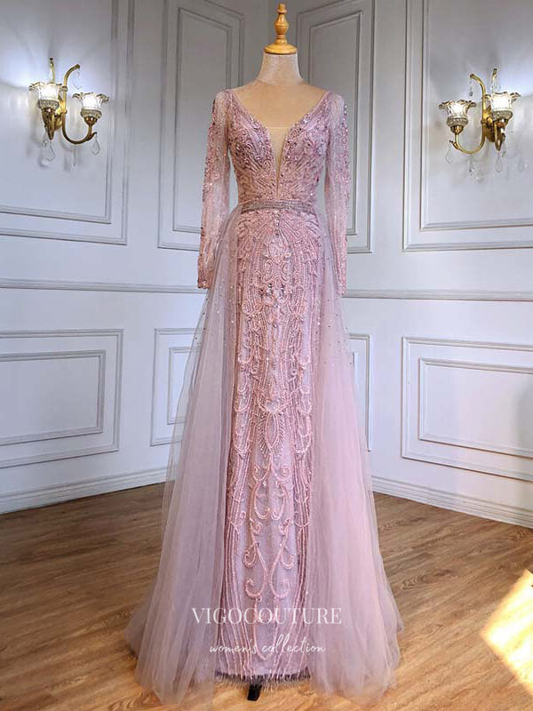 Prom Dress 2025 Beaded Plunging V-Neck Formal Dresses Long Sleeve Evening Dresses 21528-unique elegant Prom Dresses-Blush-US2-vigocouture