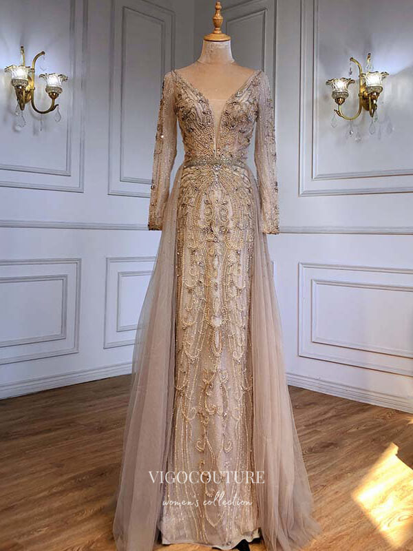 Prom Dress 2025 Beaded Plunging V-Neck Formal Dresses Long Sleeve Evening Dresses 21528-unique elegant Prom Dresses-Champagne-US2-vigocouture