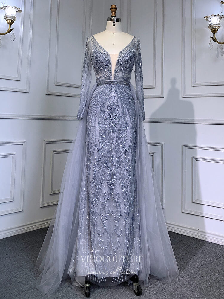 Beaded Plunging V-Neck Formal Dresses Long Sleeve Evening Dresses