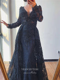 Prom Dress 2025 Beaded Plunging V-Neck Formal Dresses Long Sleeve Evening Dresses 21529-unique elegant Prom Dresses-Blue-US2-vigocouture