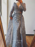 Prom Dress 2025 Beaded Plunging V-Neck Formal Dresses Long Sleeve Evening Dresses 21529-unique elegant Prom Dresses-Blue-US2-vigocouture